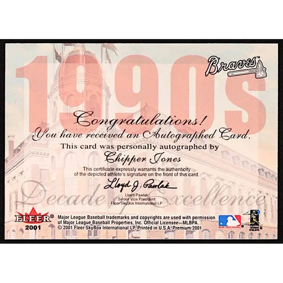 Chipper Jones 2001 Fleer Premium Decades of Excellence Autograph #12 #36/93 - Picture 2 of 2